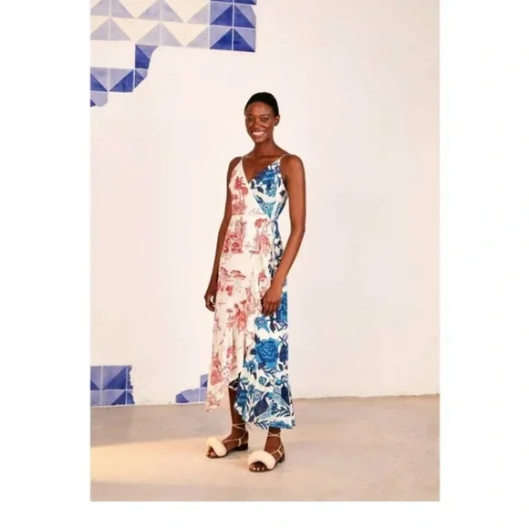 FARM Rio | Dresses | Farm Rio Dual White Prints Maxi Wrap Dress S Floral Ruffle  Hem Beaded Tassels | Poshmark